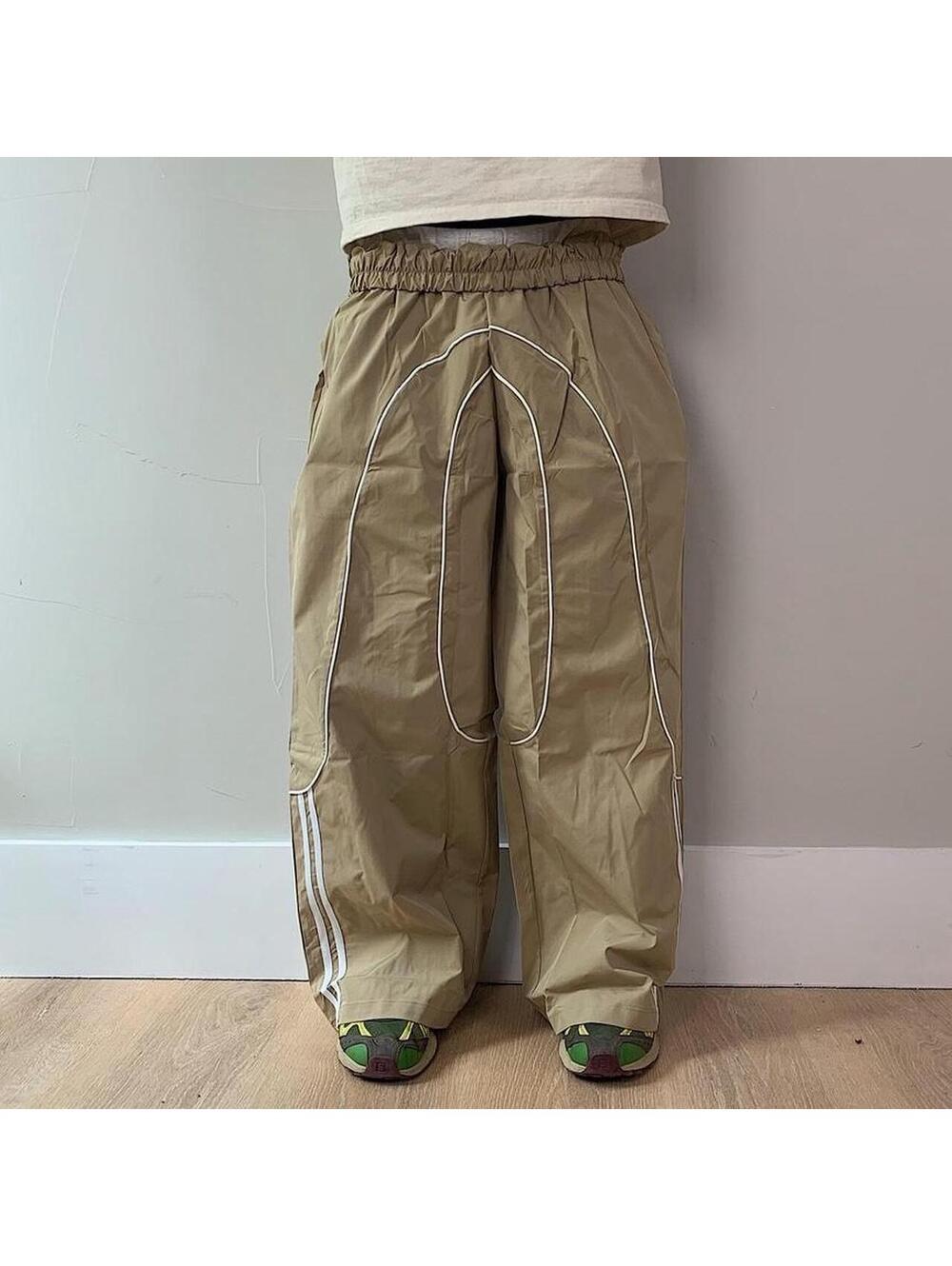 Streetwear super Baggy Y2K vintage style khaki track pants with white stripes - Picture 6 of 8